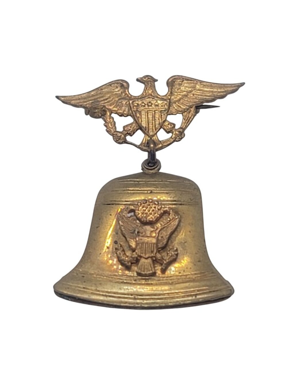 Vintage Brass Eagle & Liberty Bell Pin Badge Brooch Patriotic Design C-Clasp